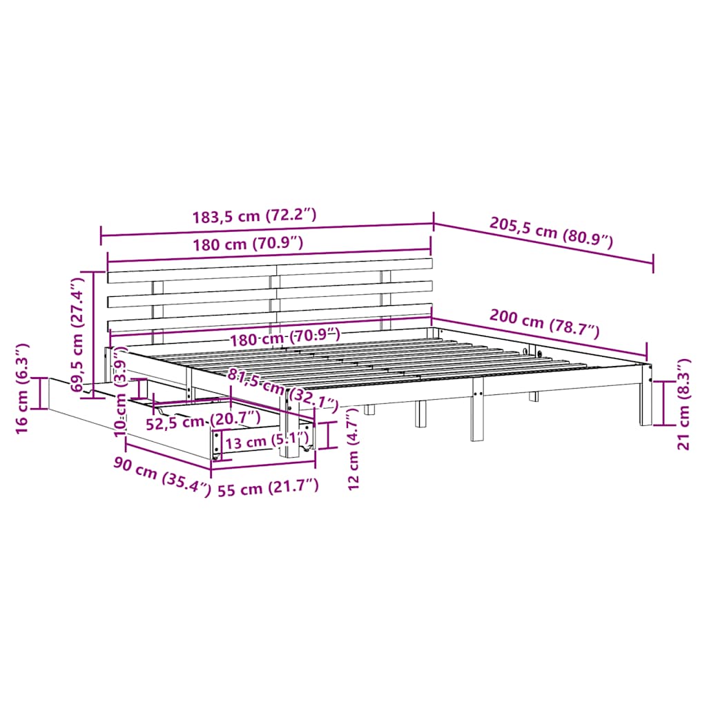 Cadru de pat cu sertare 180x200 cm lemn masiv pin GartenMobel Dekor