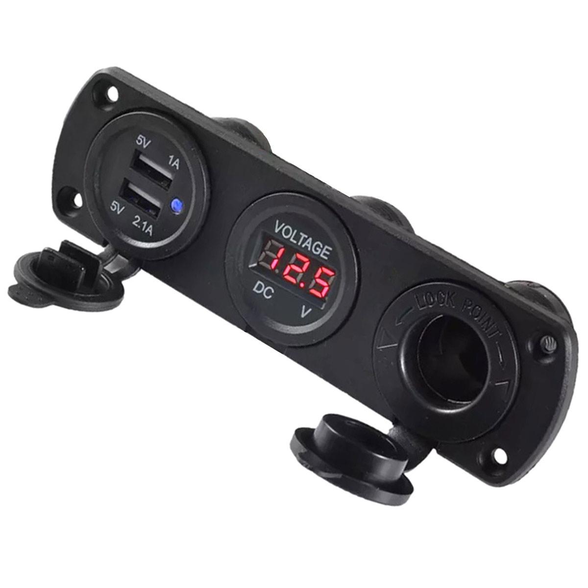 Priza de Bricheta Universala, etansa, cu Voltmetru si incarcare 2 x USB, pentru vehicule offroad, ATV, SSV, quad, moto sau utilaje agricole, alimentare 12V FAVLine Selection