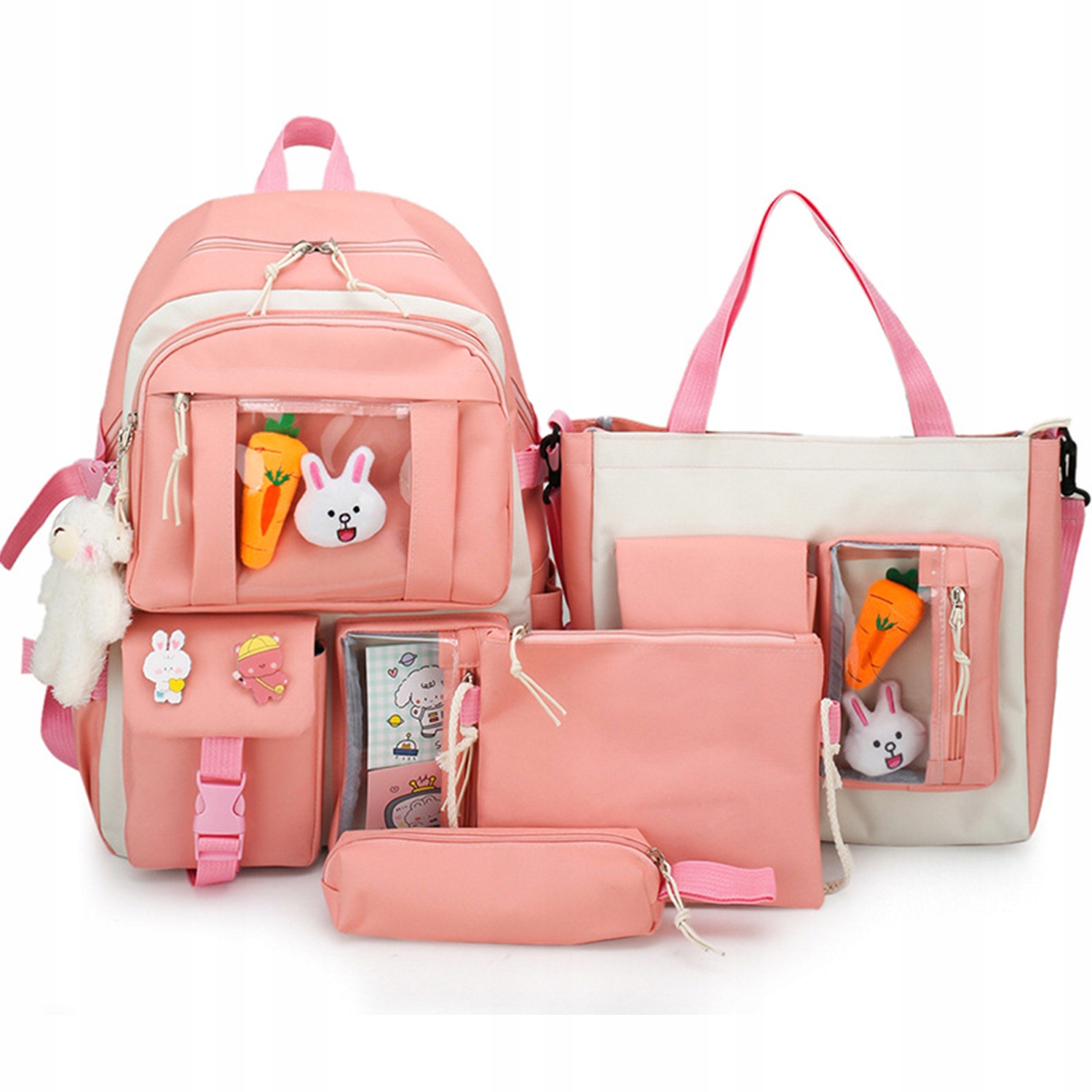 Set 4-in-1 pentru Scolari sau Prescolari - (rucsac, geanta de umar, plic elegant, penar), culoare ROZ cu IEPURAS, Cod AVX-WT-BUNN-PINK FAVLine Selection