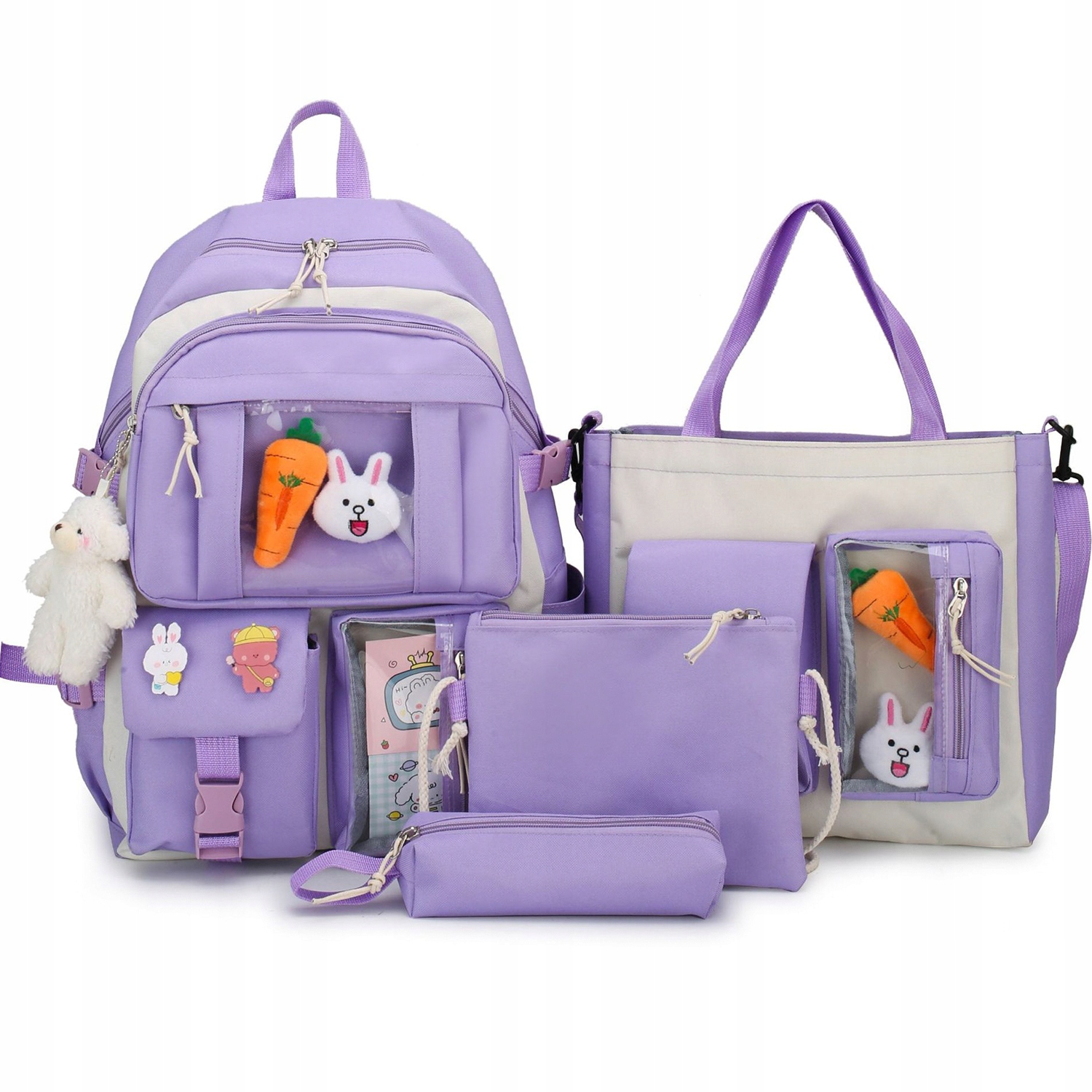Set 4-in-1 pentru Scolari sau Prescolari - (rucsac, geanta de umar, plic elegant, penar), culoare VIOLET cu IEPURAS, Cod AVX-WT-BUNN-VIOLET FAVLine Selection