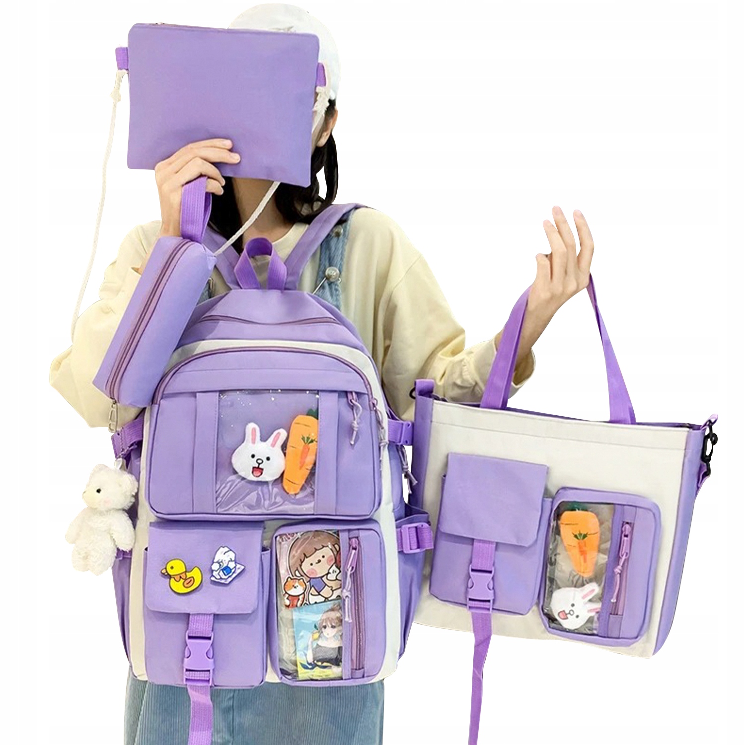 Set 4-in-1 pentru Scolari sau Prescolari - (rucsac, geanta de umar, plic elegant, penar), culoare VIOLET cu IEPURAS, Cod AVX-WT-BUNN-VIOLET FAVLine Selection