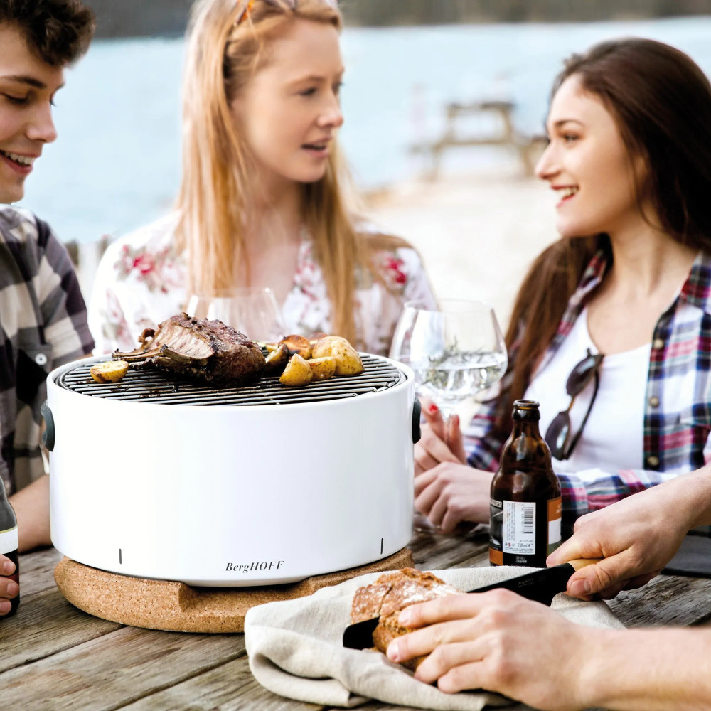 Gratar de Masa BergHOFF Leo BBQ Alb cu Suport/Capac din Pluta, Diametru 40cm, Material Otel Carbon