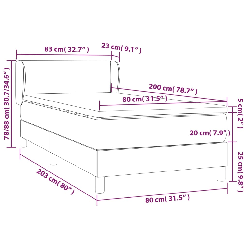 Pat box spring cu saltea, gri închis, 80x200 cm, catifea GartenMobel Dekor