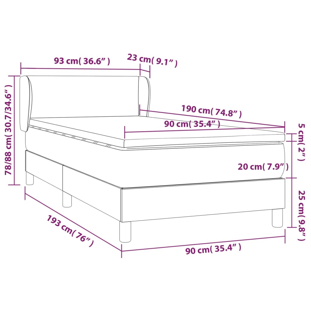 Pat box spring cu saltea, gri închis, 90x190 cm, catifea GartenMobel Dekor