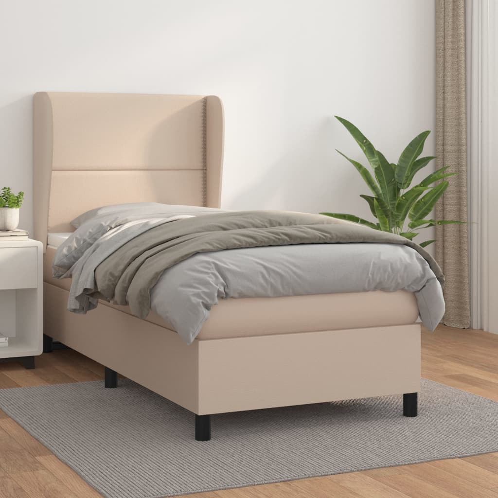 Pat box spring cu saltea, cappuccino, 90x200 cm piele ecologică GartenMobel Dekor