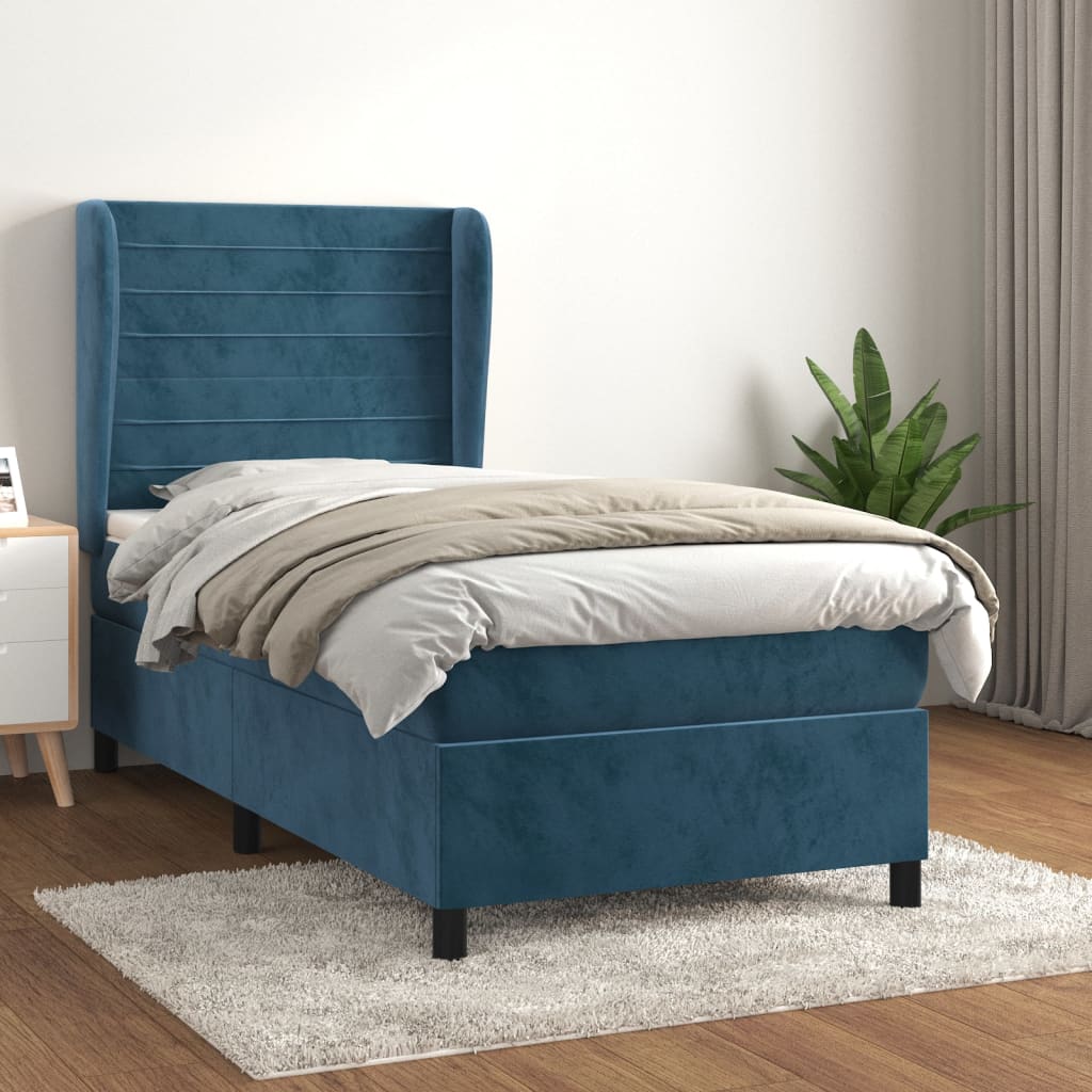 Pat box spring cu saltea, albastru închis, 100x200 cm, catifea GartenMobel Dekor