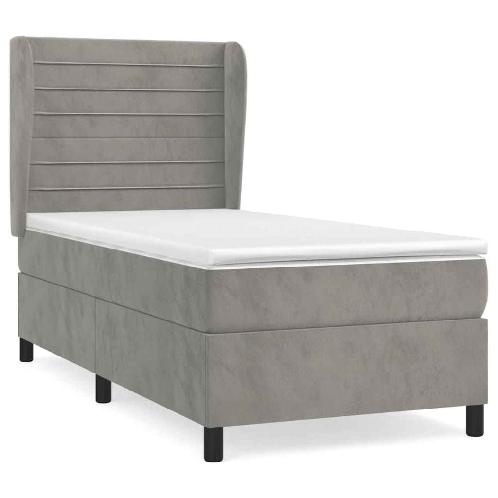 Pat box spring cu saltea, gri deschis, 100x200 cm, catifea GartenMobel Dekor