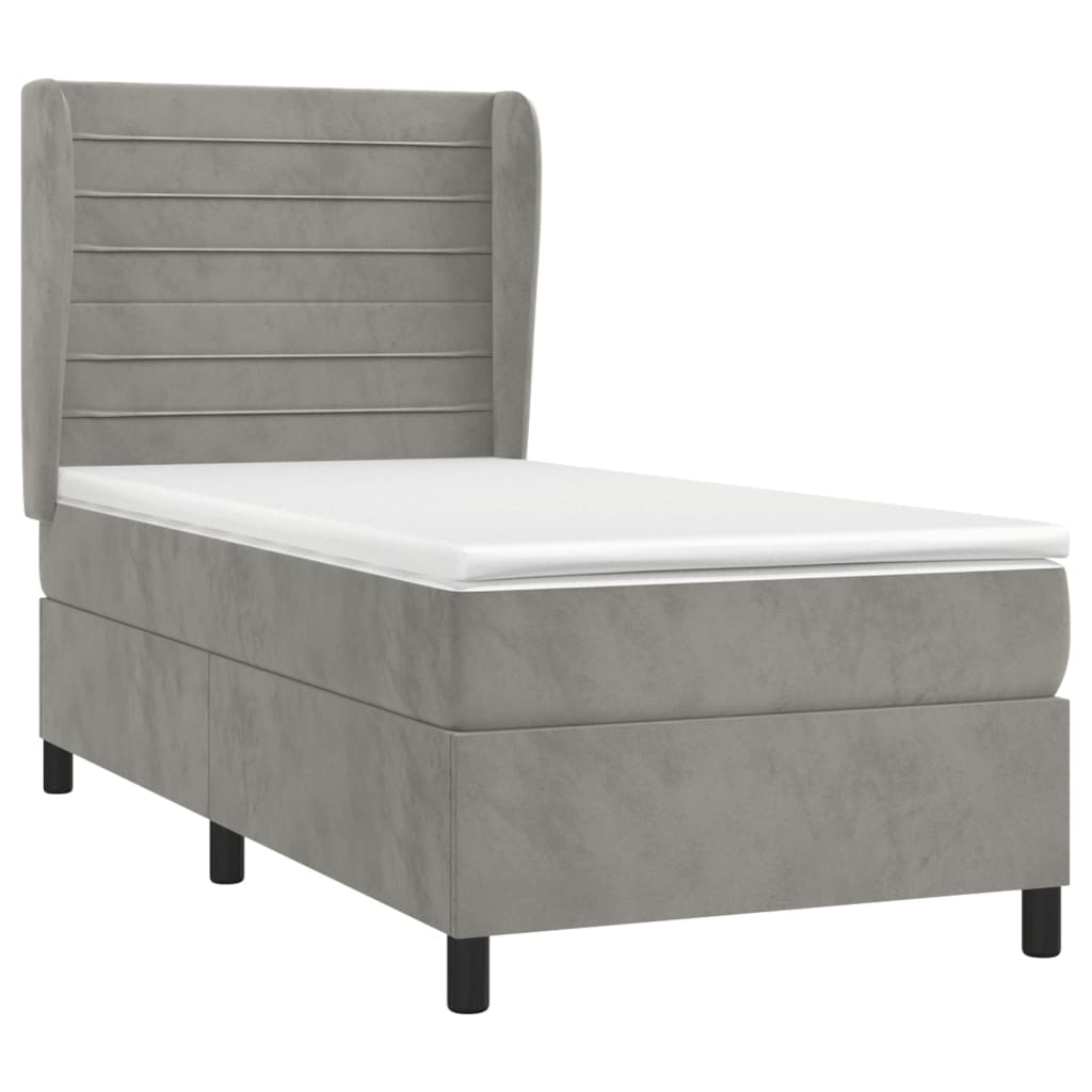 Pat box spring cu saltea, gri deschis, 100x200 cm, catifea GartenMobel Dekor