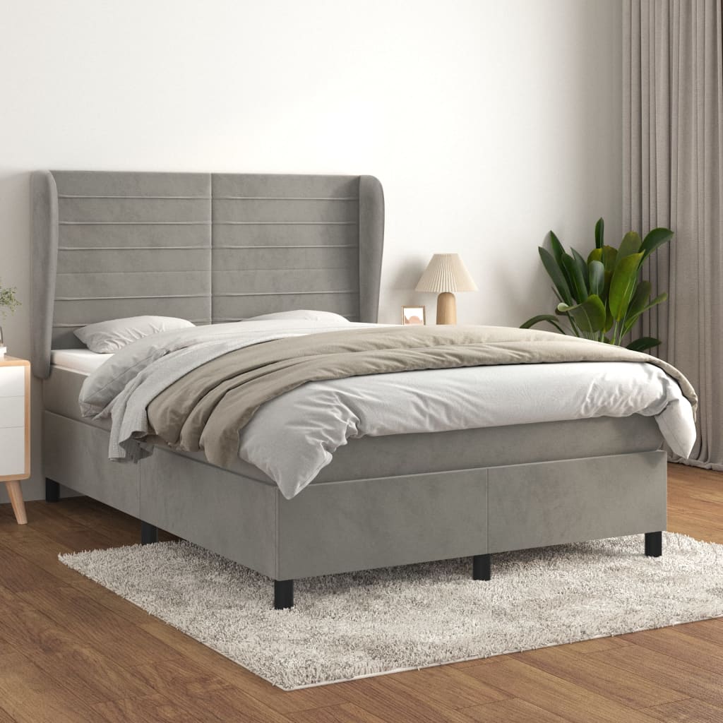 Pat box spring cu saltea, gri deschis, 140x190 cm, catifea GartenMobel Dekor