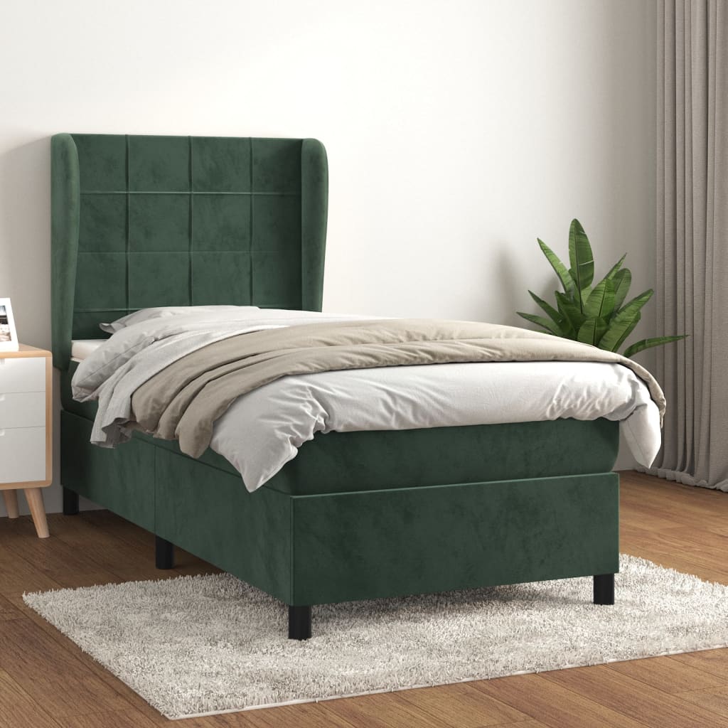 Pat box spring cu saltea, verde închis, 90x200 cm, catifea GartenMobel Dekor