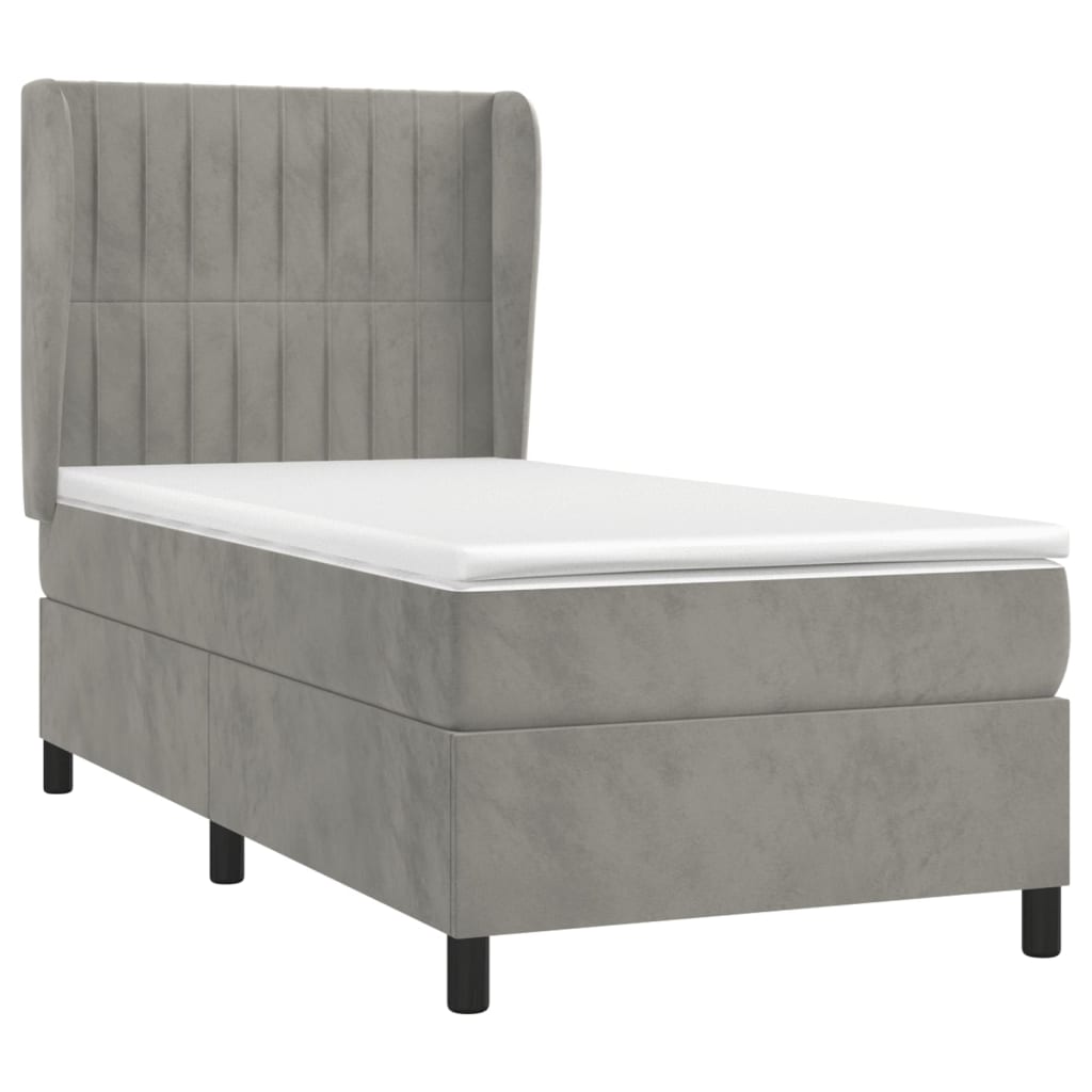 Pat box spring cu saltea, gri deschis, 100x200 cm, catifea GartenMobel Dekor