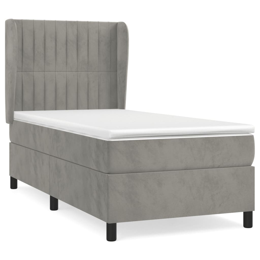 Pat box spring cu saltea, gri deschis, 100x200 cm, catifea GartenMobel Dekor