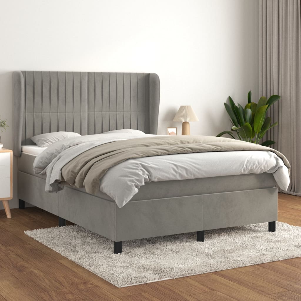 Pat box spring cu saltea, gri deschis, 140x190 cm, catifea GartenMobel Dekor
