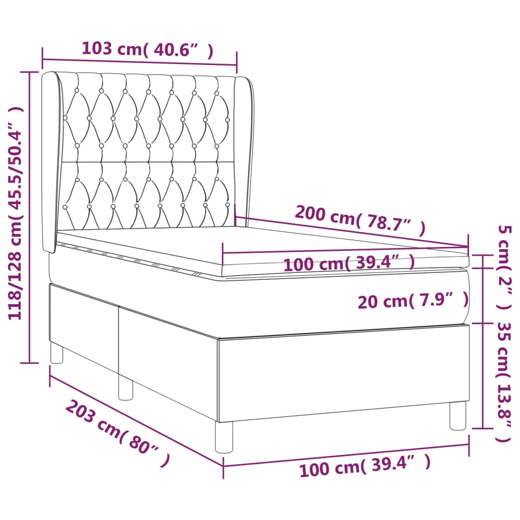 Pat box spring cu saltea, gri închis, 100x200 cm, catifea GartenMobel Dekor