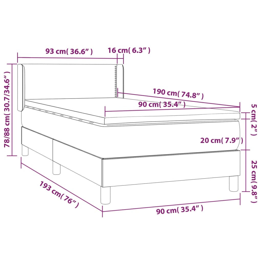 Pat box spring cu saltea, gri deschis, 90x190 cm, catifea GartenMobel Dekor