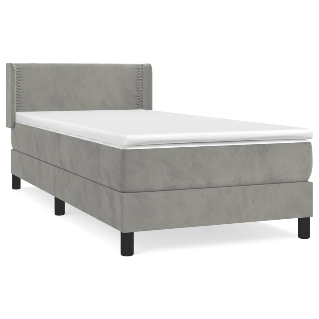 Pat box spring cu saltea, gri deschis, 90x190 cm, catifea GartenMobel Dekor