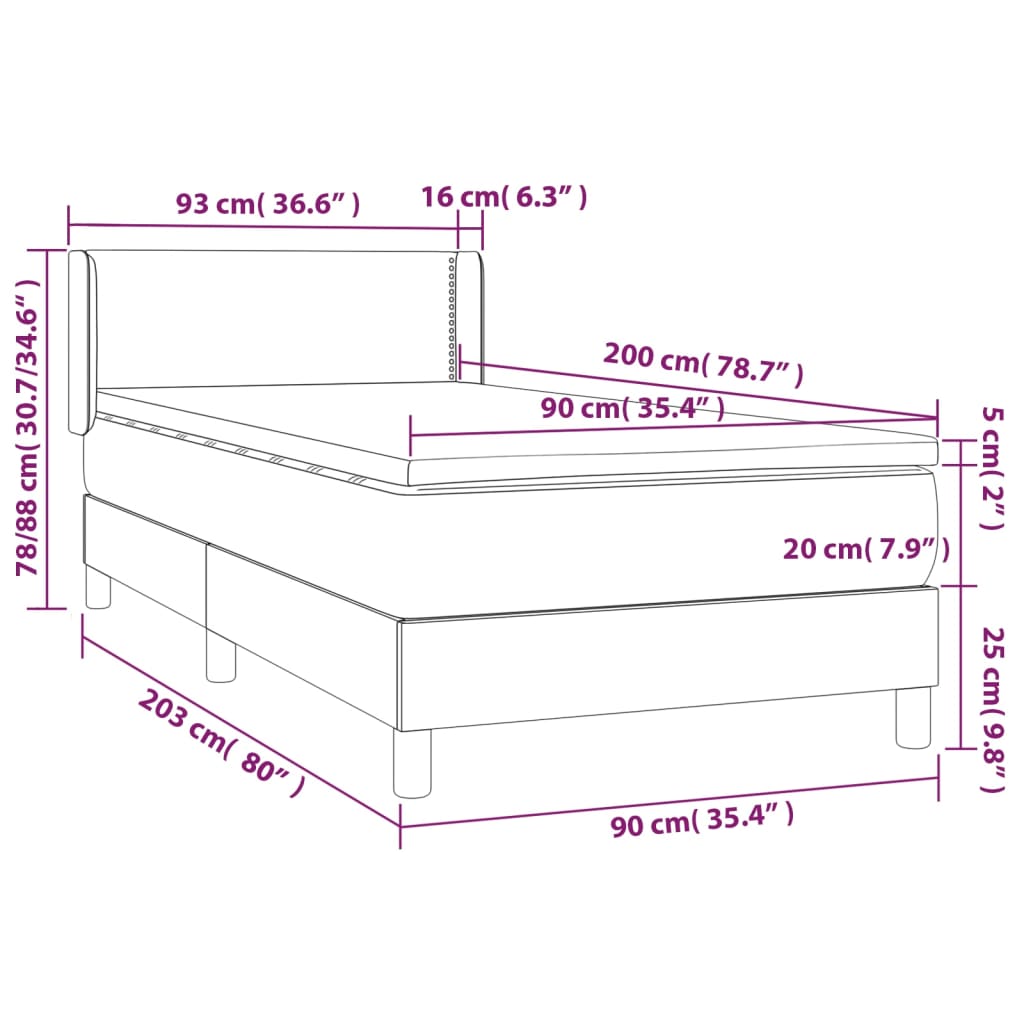 Pat box spring cu saltea, gri deschis, 90x200 cm, catifea GartenMobel Dekor