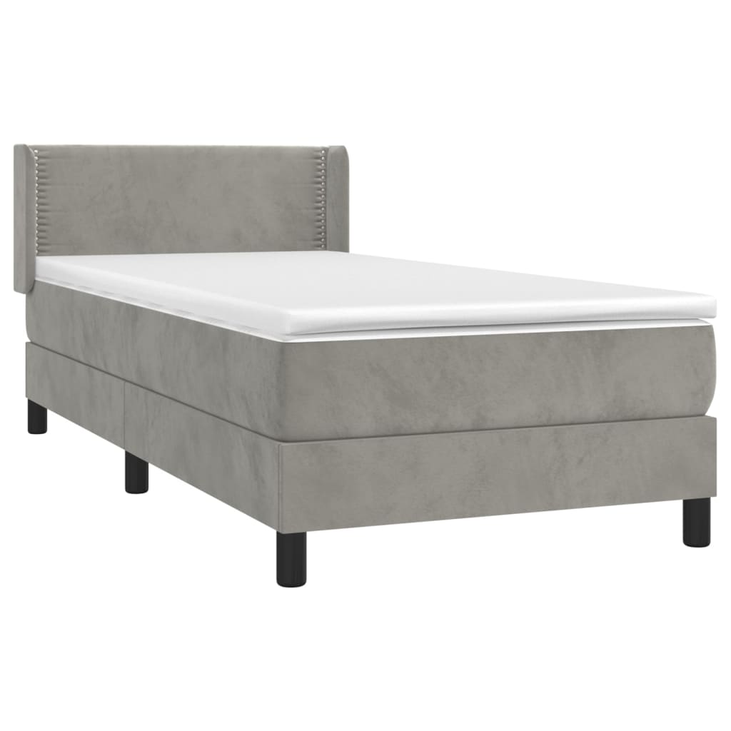 Pat box spring cu saltea, gri deschis, 90x200 cm, catifea GartenMobel Dekor