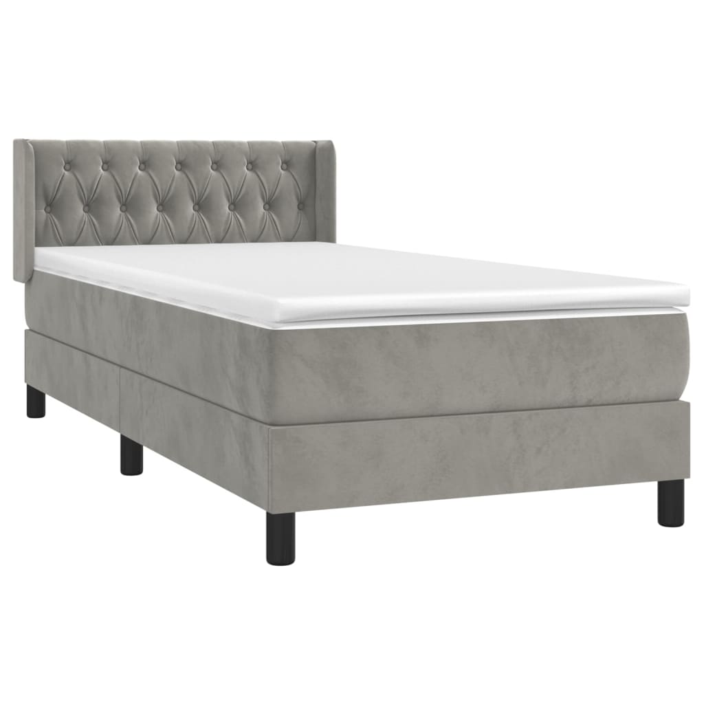 Pat box spring cu saltea, gri deschis, 90x190 cm, catifea GartenMobel Dekor