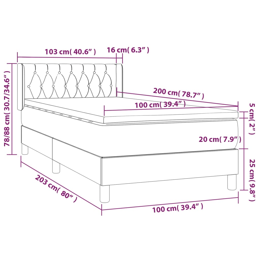 Pat box spring cu saltea, gri închis, 100x200 cm, catifea GartenMobel Dekor