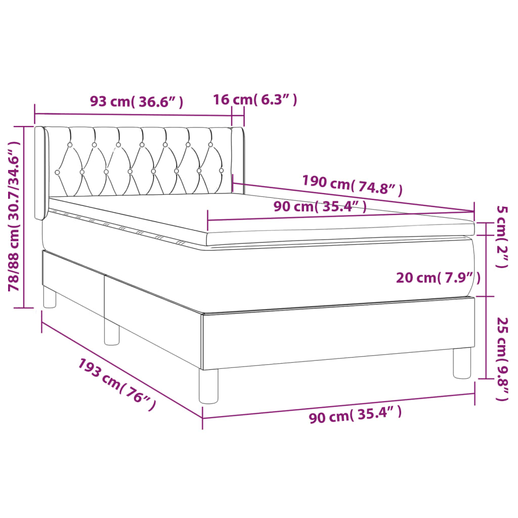 Pat box spring cu saltea, gri închis, 90x190 cm, catifea GartenMobel Dekor