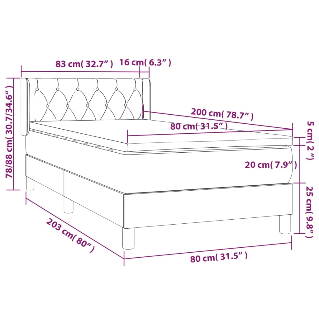 Pat box spring cu saltea, negru, 80x200 cm, catifea GartenMobel Dekor