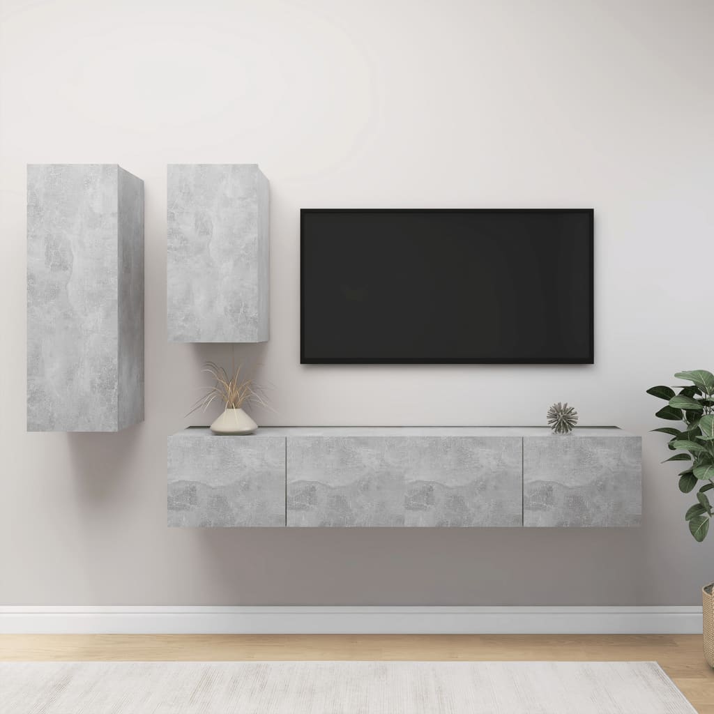 Set de dulapuri TV, 4 piese, gri beton, lemn prelucrat GartenMobel Dekor