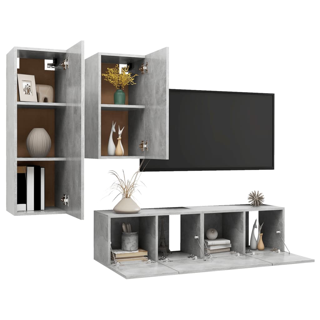 Set de dulapuri TV, 4 piese, gri beton, lemn prelucrat GartenMobel Dekor