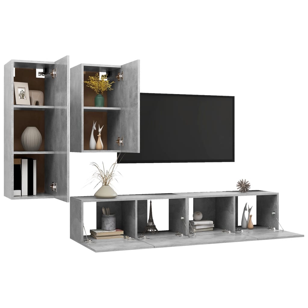 Set de dulapuri TV, 4 piese, gri beton, lemn prelucrat GartenMobel Dekor