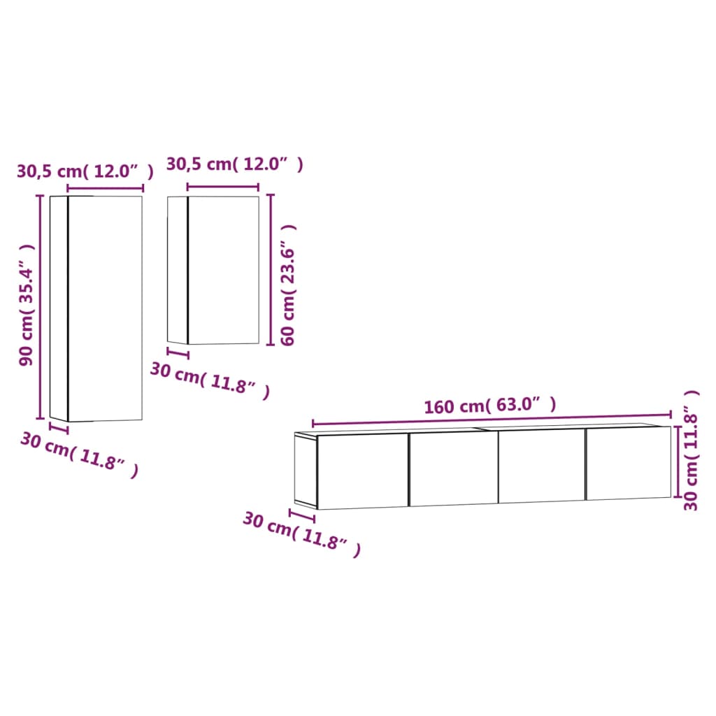 Set dulap TV, 4 piese, gri beton, lemn prelucrat GartenMobel Dekor