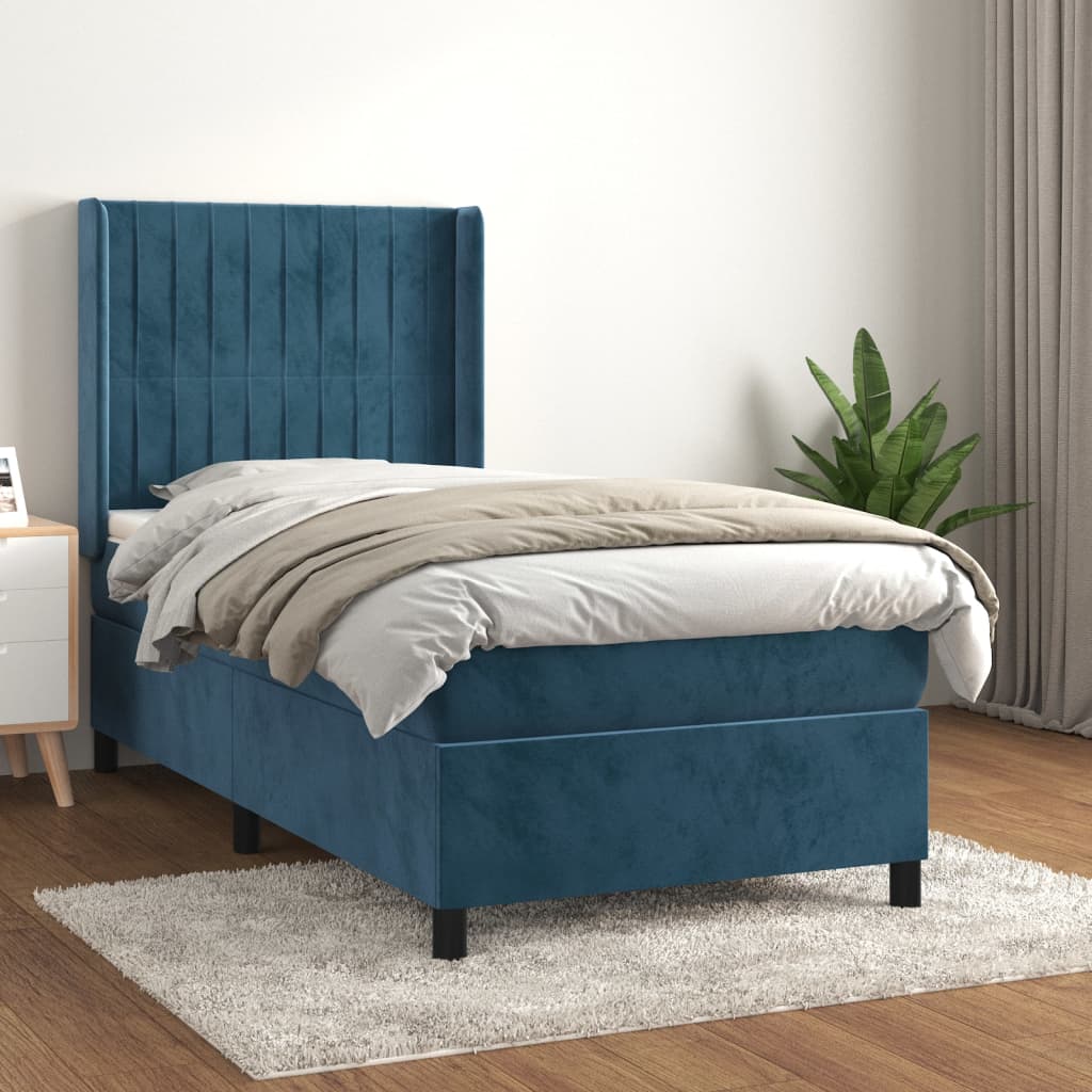 Pat box spring cu saltea, albastru închis, 100x200 cm, catifea GartenMobel Dekor