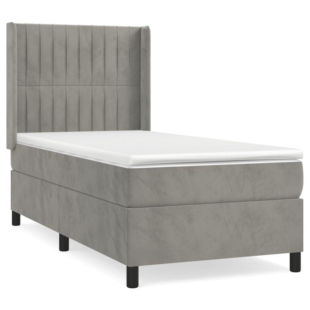 Pat box spring cu saltea, gri deschis, 100x200 cm, catifea GartenMobel Dekor