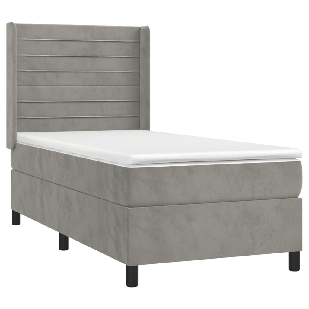 Pat box spring cu saltea, gri deschis, 100x200 cm, catifea GartenMobel Dekor