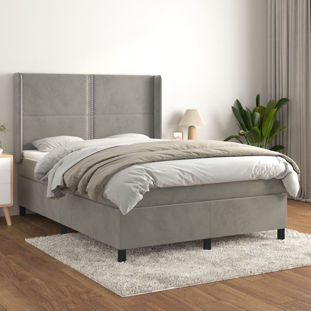 Pat box spring cu saltea, gri deschis, 140x190 cm, catifea GartenMobel Dekor