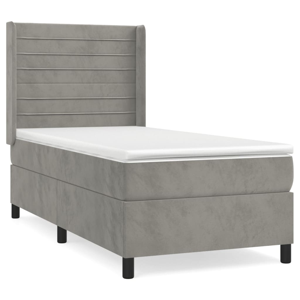Pat box spring cu saltea, gri deschis, 90x190 cm, catifea GartenMobel Dekor