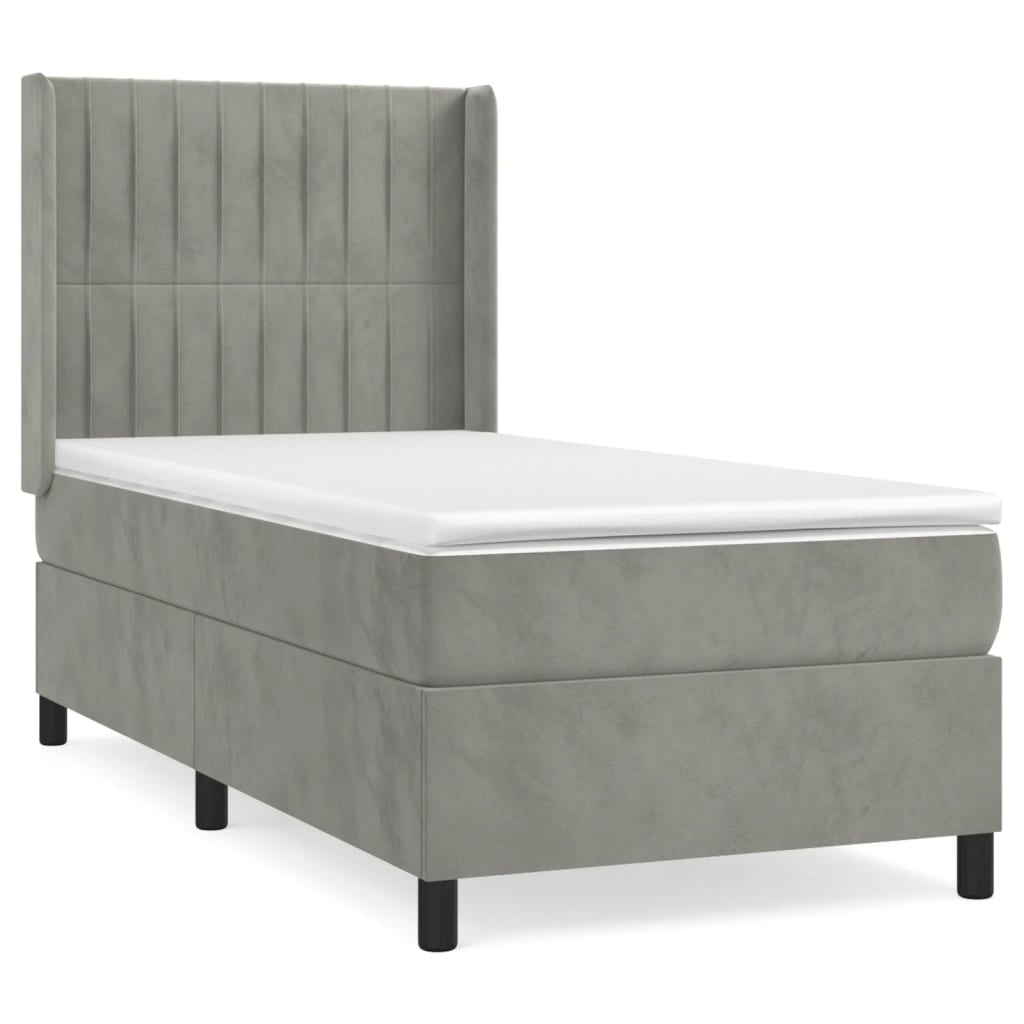 Pat box spring cu saltea, gri deschis, 90x200 cm, catifea GartenMobel Dekor