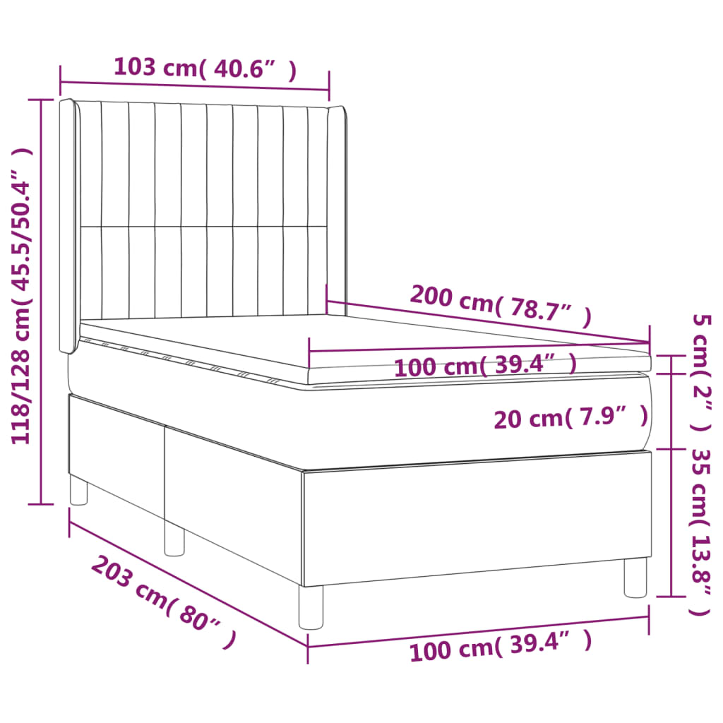 Pat box spring cu saltea, gri închis, 100x200 cm, catifea GartenMobel Dekor