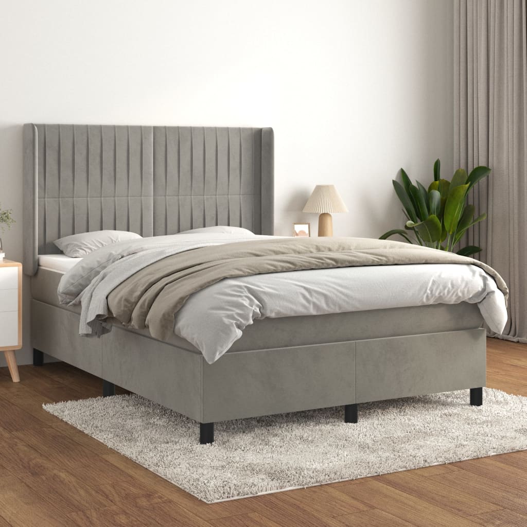 Pat box spring cu saltea, gri deschis, 140x200 cm, catifea GartenMobel Dekor