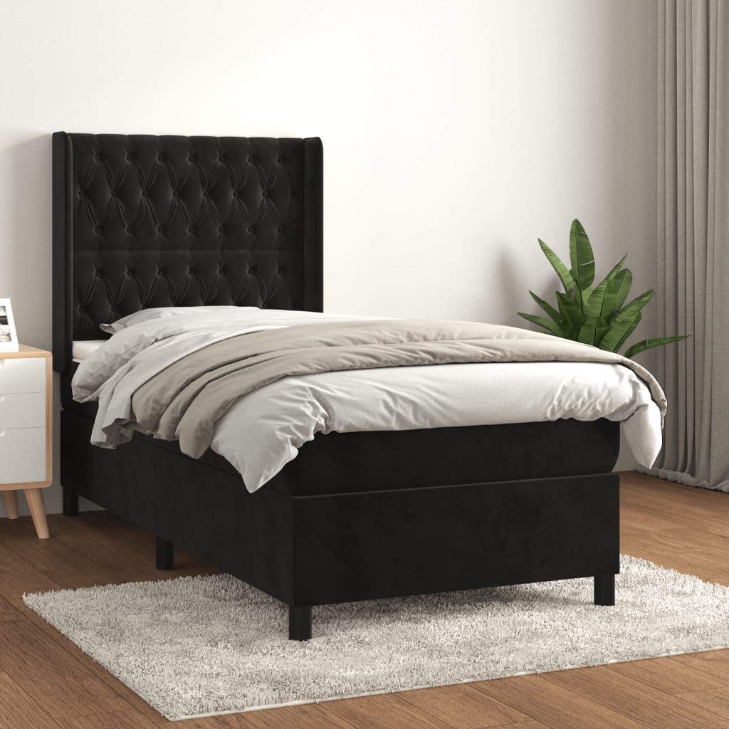 Pat box spring cu saltea, negru, 90x200 cm, catifea GartenMobel Dekor