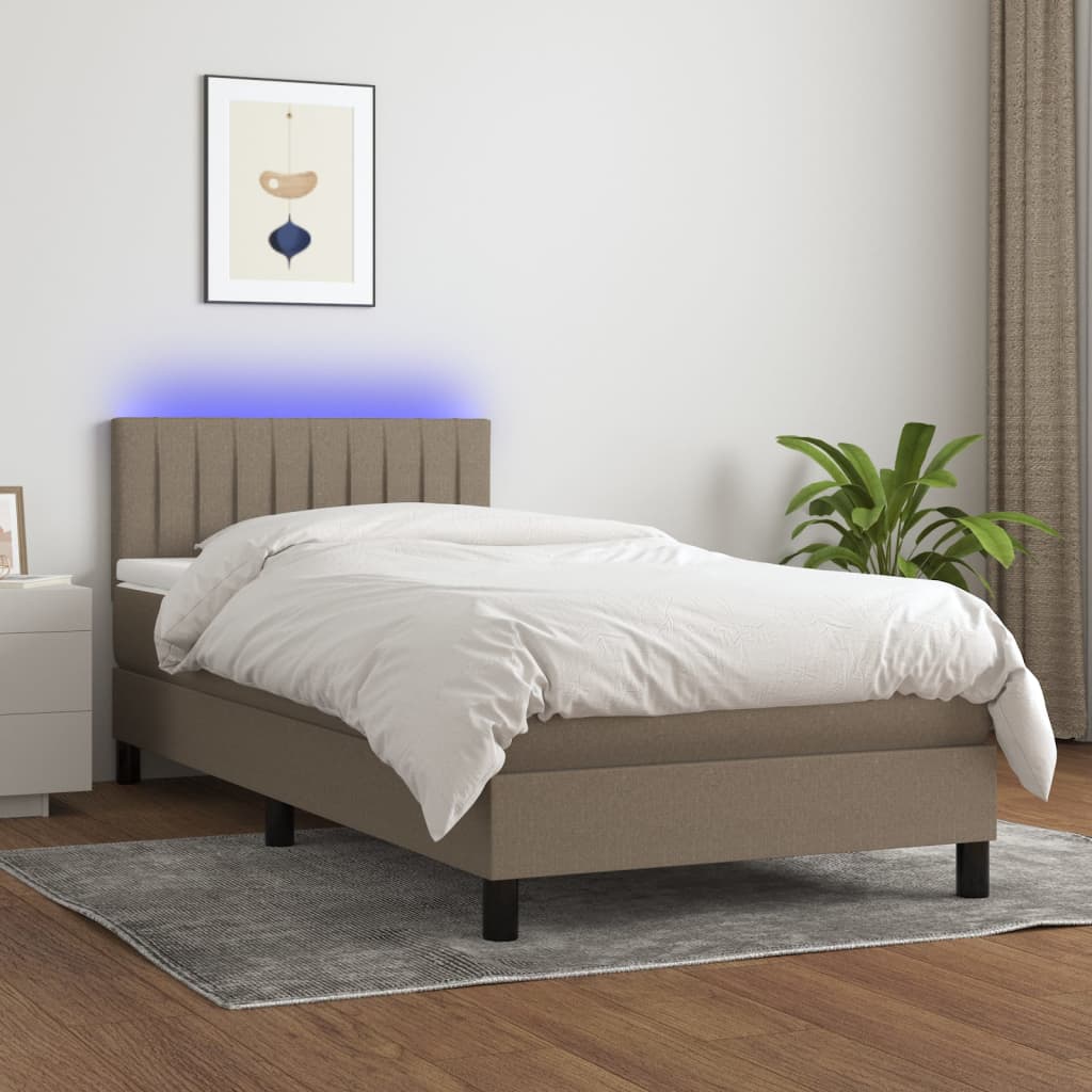 Pat cu arcuri, saltea și LED, Gri taupe, 100x200 cm, textil GartenMobel Dekor