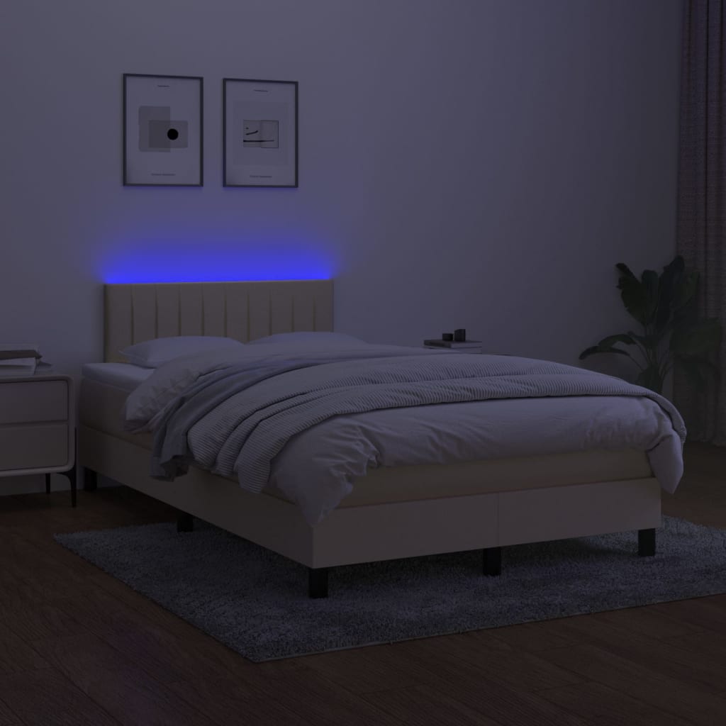 Pat cu arcuri, saltea și LED, crem, 120x200 cm, textil GartenMobel Dekor