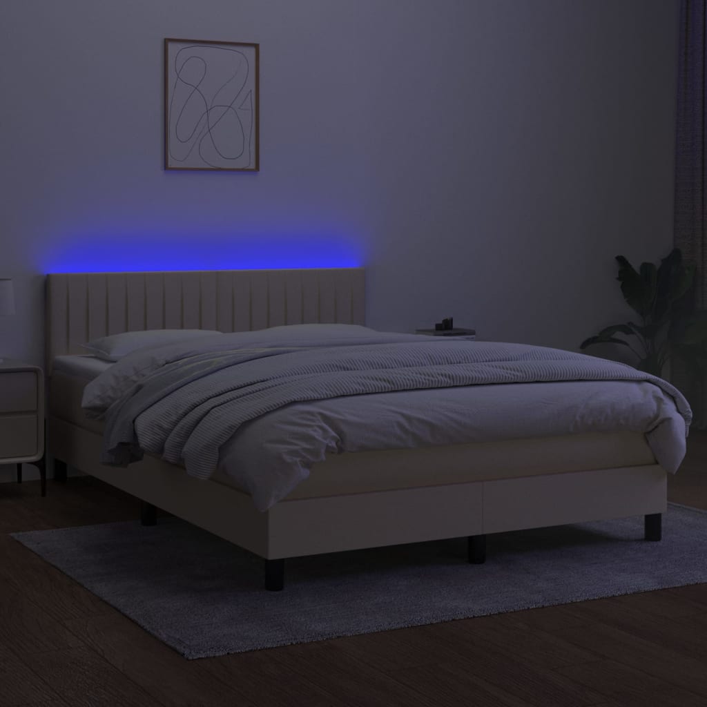 Pat cu arcuri, saltea și LED, crem, 140x190 cm, textil GartenMobel Dekor