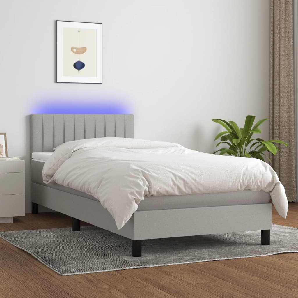 Pat cu arcuri, saltea și LED, gri deschis, 90x190 cm, textil GartenMobel Dekor