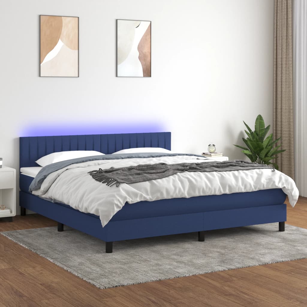 Pat cu arcuri, saltea și LED, albastru, 160x200 cm, textil GartenMobel Dekor