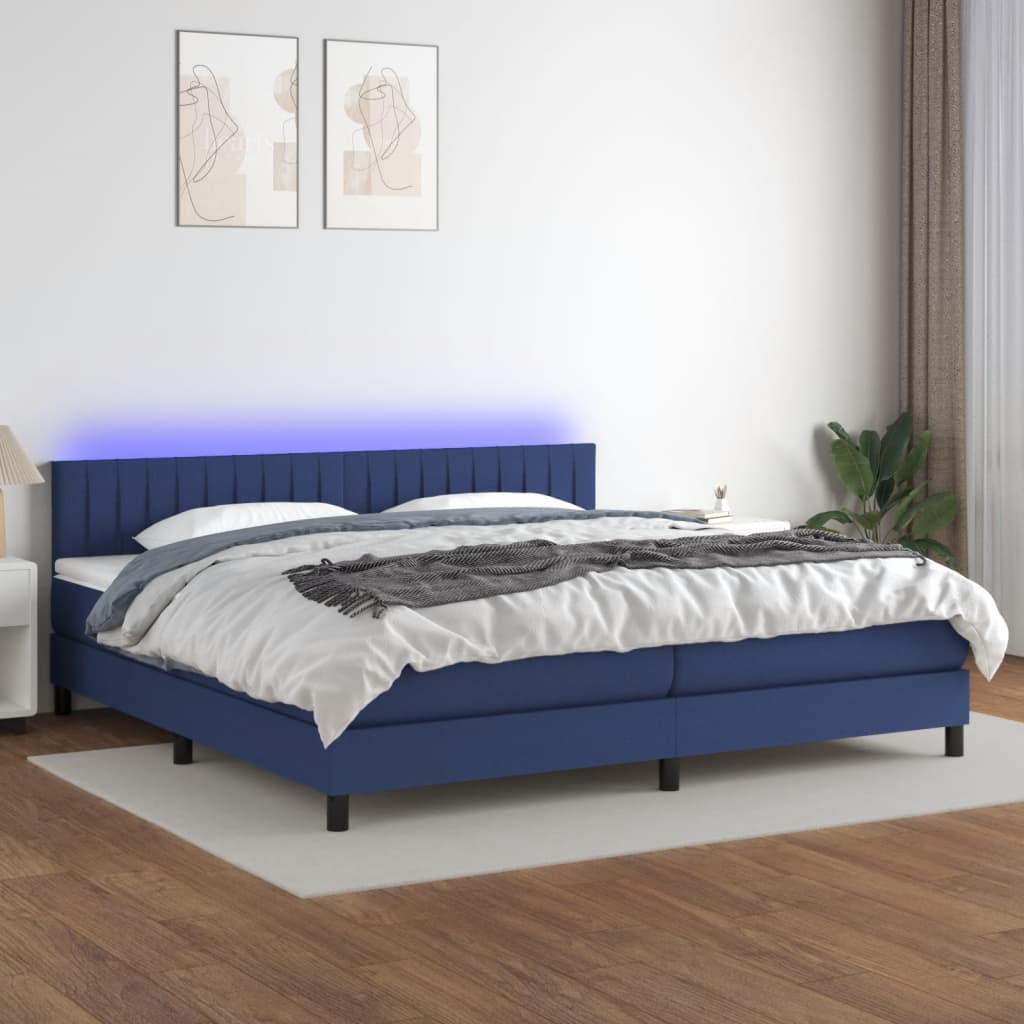 Pat cu arcuri, saltea și LED, albastru, 200x200 cm, textil GartenMobel Dekor