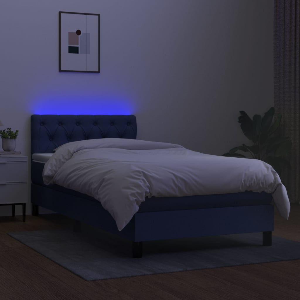 Pat cu arcuri, saltea și LED, albastru, 80x200 cm, textil GartenMobel Dekor