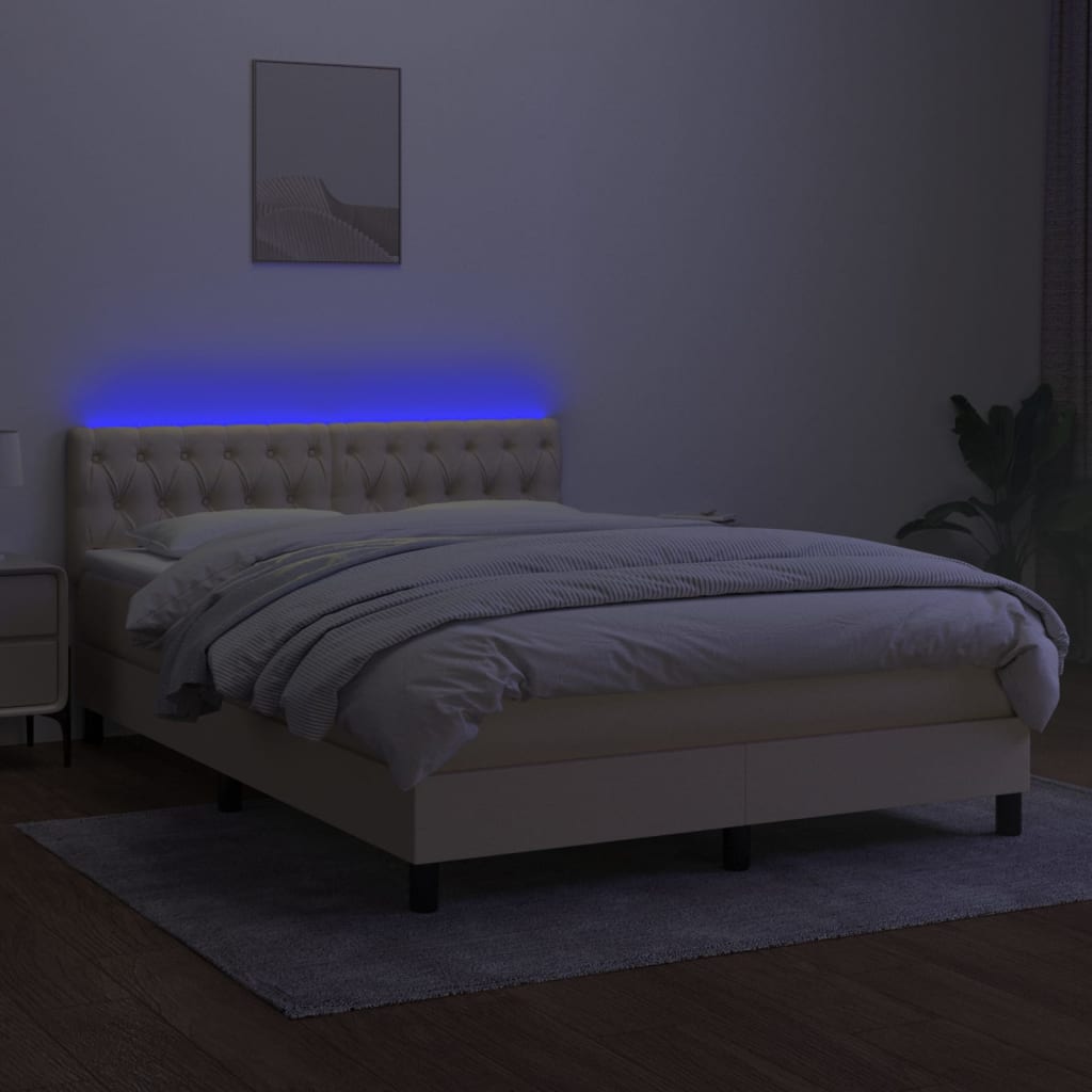 Pat cu arcuri, saltea și LED, crem, 140x190 cm, textil GartenMobel Dekor