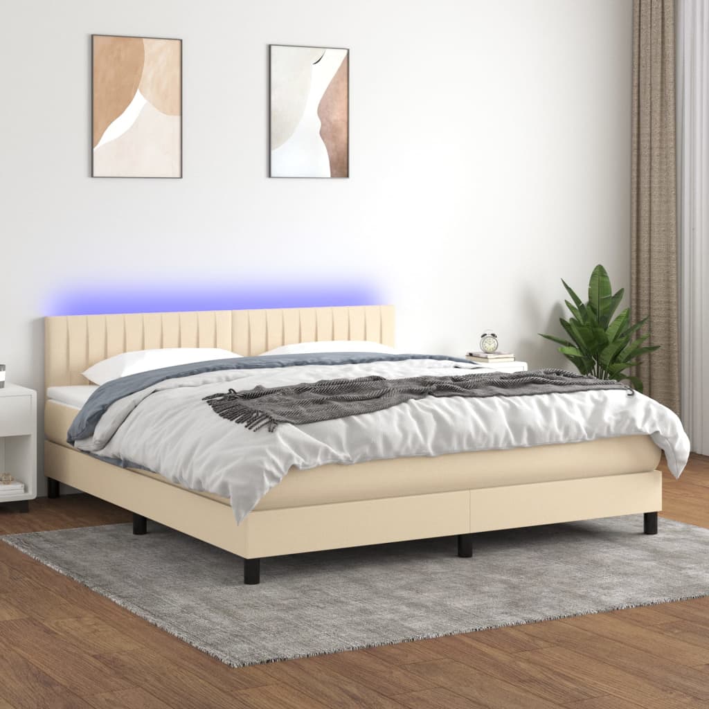 Pat cu arcuri, saltea și LED, crem, 160x200 cm, textil GartenMobel Dekor