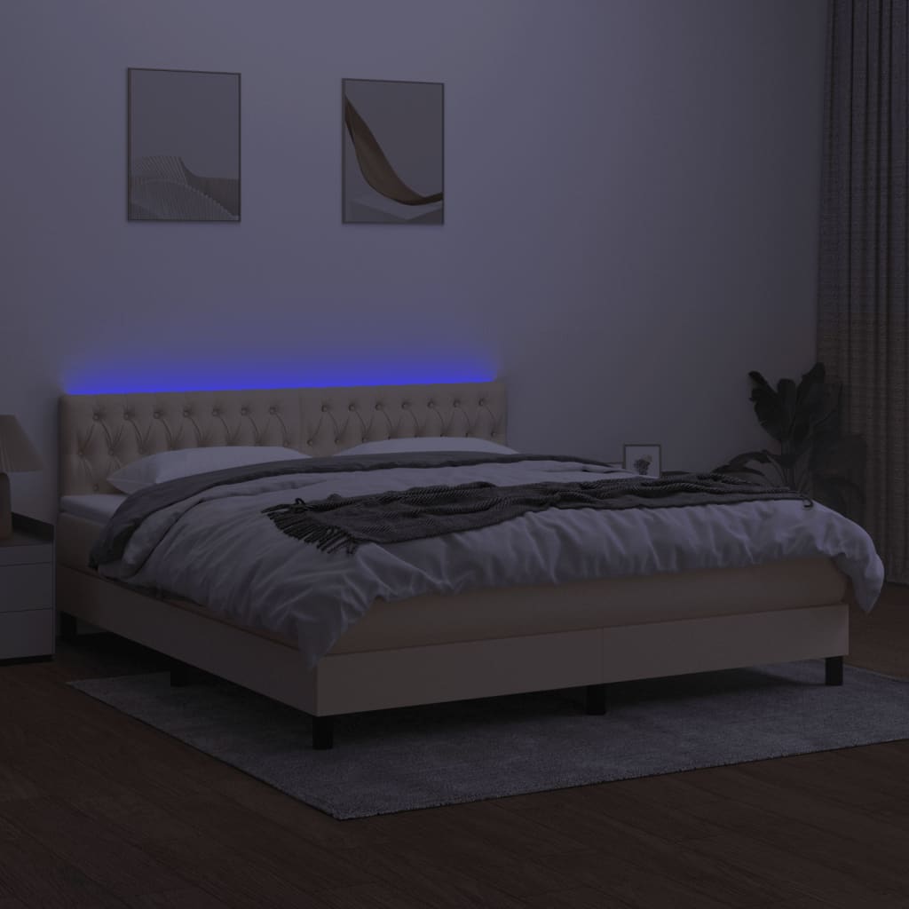 Pat cu arcuri, saltea și LED, crem, 160x200 cm, textil GartenMobel Dekor
