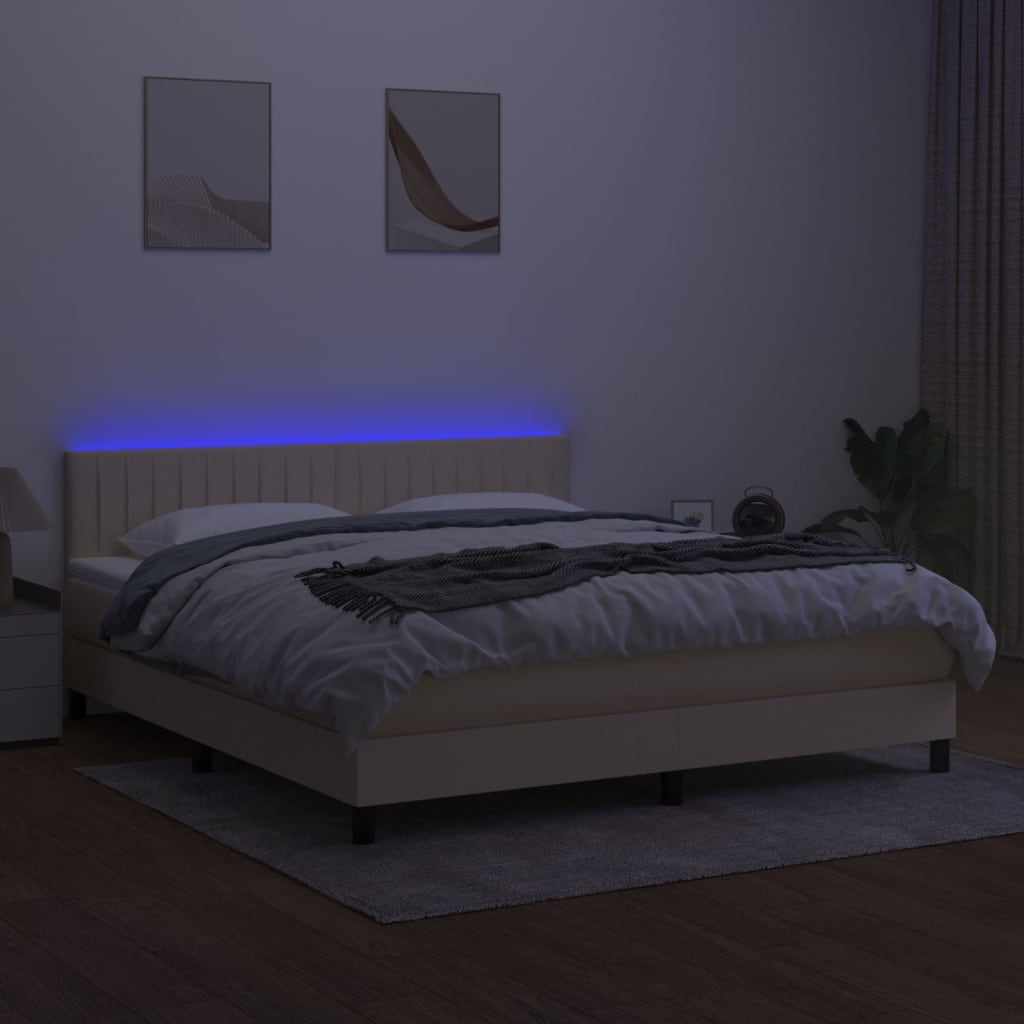 Pat cu arcuri, saltea și LED, crem, 160x200 cm, textil GartenMobel Dekor